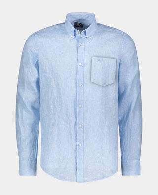 Men's light blue linen button-up shirt with chest pocket and button-down collar