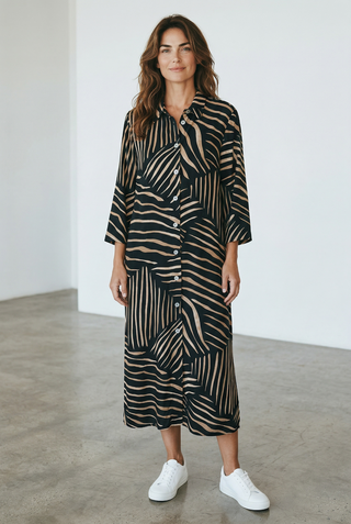 VLT's by Valentina's - 25-308 - Long viscose dress with elbow-length sleeves and abstract pattern