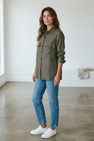 VLT's by Valentina's - 25-40M - Long-sleeve safari linen shirt with crystals