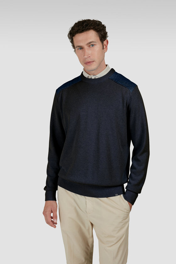 Paul & Shark - Chandail col rond de coton Fresco avec appliqués de lin aux épaules