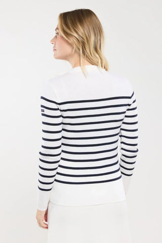 Woman wearing a white sweater with navy blue horizontal stripes, shown from the back.