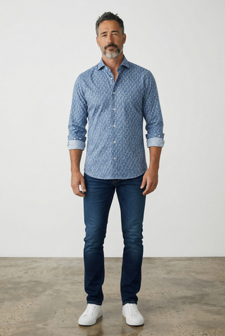 Emanuel Berg - Byron - Chemise manches longues Seersucker Imprimée - Modern Fit - Medium Blue