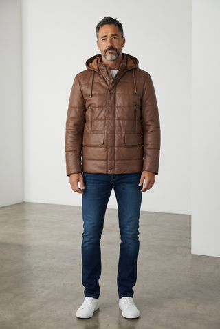 Regency - Clifton -  Lined Leather Hooded Coat in Cognac
