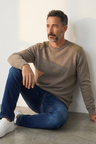 Paul & Shark - Round neck wool sweater with corded velvet appliqués