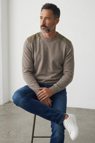 Paul & Shark - Round neck wool sweater with corded velvet appliqués