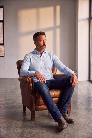 Emanuel Berg - Long Sleeve Polo Herringbone Jacquard Luxe - Bright Blue