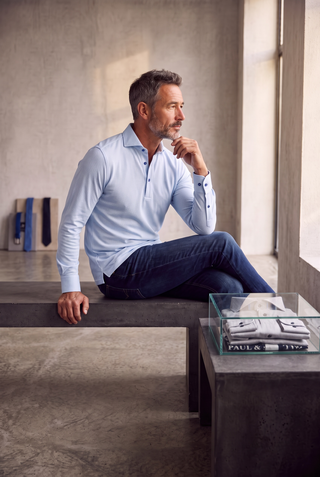 Emanuel Berg - Long Sleeve Polo Herringbone Jacquard Luxe - Bright Blue