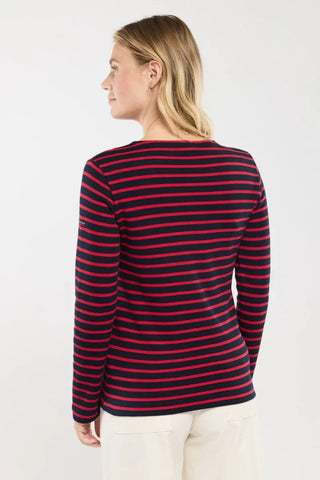 Woman wearing a navy and red striped long sleeve shirt, back view, casual style