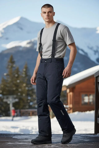 Man in suspenders ski pants and grey shirt outdoors, snowy mountains background, winter fashion