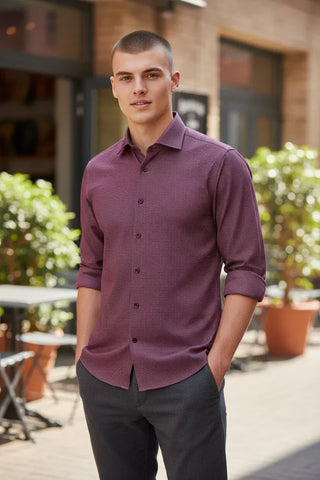 Emanuel Berg - Byron - Albini 4Flex solid long sleeve shirt - Modern Fit - Medium Red