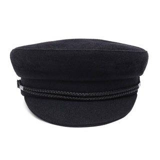 Black wool captain's cap with braided trim, classic fisherman style hat on white background