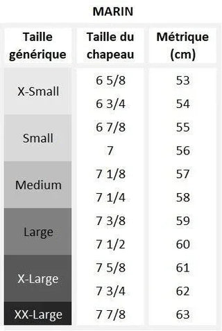 Size chart for MARIN hats showing generic size, hat size, and metric in cm, from X-Small to XX-Large.