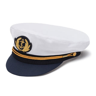 Navy and white captain’s hat with gold anchor emblem and braided trim, maritime style.