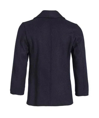 Back view of navy wool men's peacoat with tailored seams, shown against white background