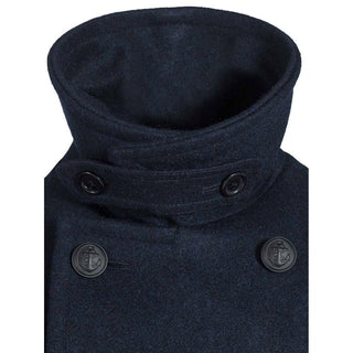 Close-up of navy wool men's peacoat collar with anchor-embossed buttons