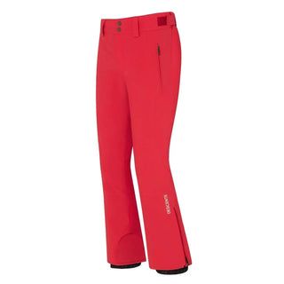 Men's red ski pants with zippered pocket and Descente logo on leg