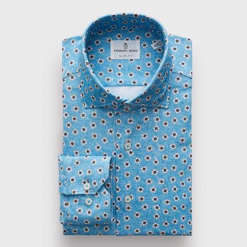 Emanuel Berg - Byron - Chemise manches longues à motifs Albini 4Flex - Modern Fit - Turquoise - LE CAPITAINE D'A BORD