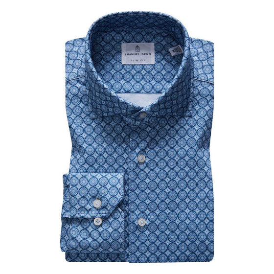 Emanuel Berg - Byron - Chemise manches longues imprimé cercles Albini 4Flex - Modern Fit - Bleu - LE CAPITAINE D'A BORD