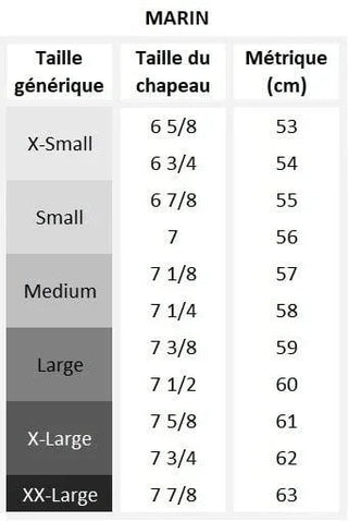 Hat size chart for men's and women's caps, showing generic, hat, and metric sizes in centimeters.