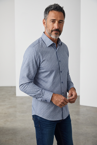 Le Capitaine D'a Bord Bugatchi James long-sleeve shirt in marine blue with a geometric circle print and shaped fit.