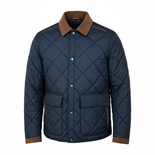 Manteau matelassé bleu marine Le Capitaine D'a Bord avec col chemise marron en Alcantara et poches à rabat