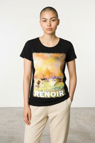 T-shirt noir en coton Le Capitaine D'a Bord avec un imprimé en soie représentant une œuvre de Renoir sur le devant