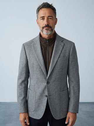 Homme portant un veston en laine gris Digel avec col zippé marron détachable, coupe Modern Fit, Le Capitaine D'a Bord