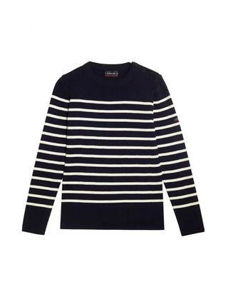 Navy blue and white striped Breton wool sweater with button details on shoulder, long sleeves