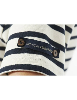 Close-up of navy and white striped short sleeve shirt with 'Coton Equitable' label and buttons
