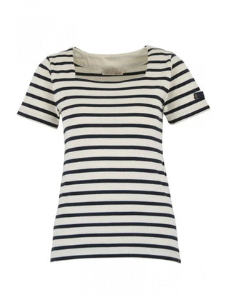Short-sleeve navy and white striped cotton marinière shirt for men or women