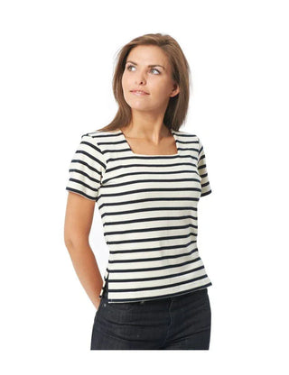 Woman wearing short-sleeve striped cotton marinière shirt with square neckline