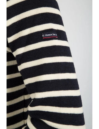 Navy and white striped wool sweater sleeve with Armor Lux label
