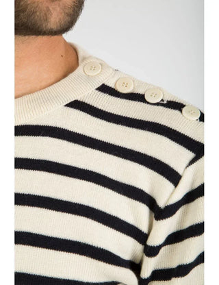 Navy and white striped wool sweater with shoulder buttons, close-up of men’s knitwear