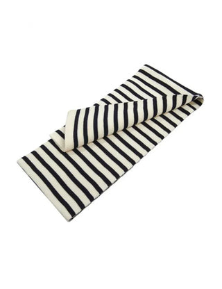 Navy and white striped wool scarf on a white background