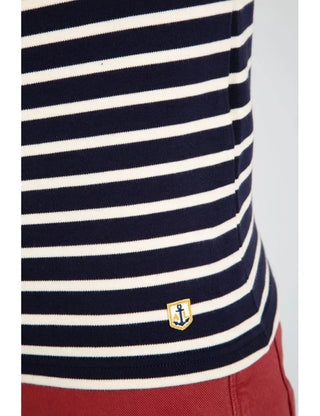 Navy and white striped cotton Breton shirt with anchor patch, paired with red pants.