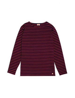 Navy and red striped Breton cotton long sleeve shirt, flat lay, classic nautical style