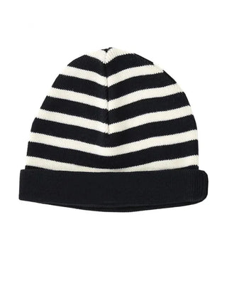 Black and white striped knit wool beanie with fold-over cuff on white background