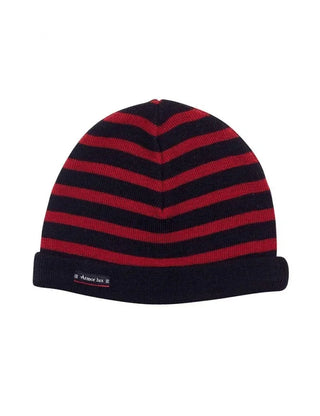Navy and red striped knit beanie with cuff and small label, wool Breton style hat
