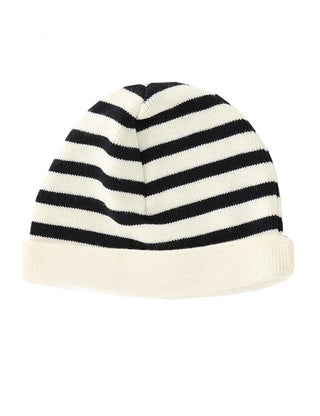 Navy and white striped wool beanie with folded brim, Breton style winter hat