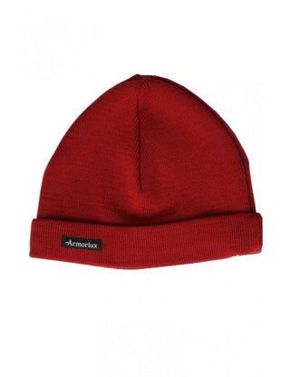 Red wool knit beanie with folded cuff and Armor Lux label on front, isolated on white