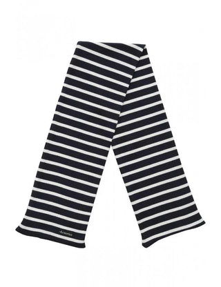 Navy and white striped cotton scarf with minimalist design on white background.