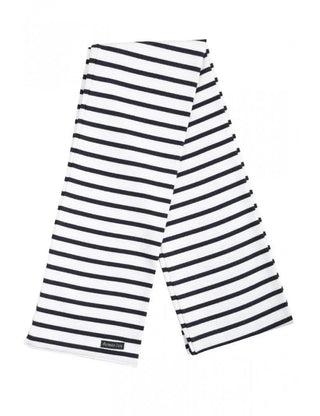 White cotton scarf with navy blue horizontal stripes, folded, minimalist style