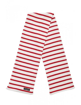 White cotton scarf with red stripes, Armor-Lux logo, laid flat on white background