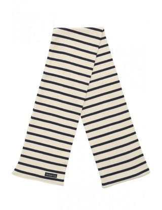 Navy and white striped cotton scarf with woven label on white background