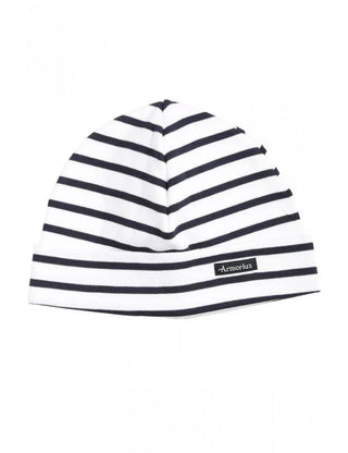 White cotton beanie with navy blue stripes and visible Armor-Lux logo on the front