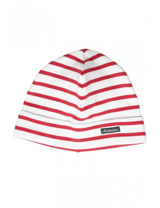 White cotton beanie with red stripes and small woven label, classic striped hat