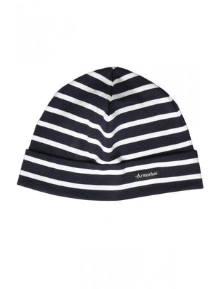 Navy and white striped cotton beanie with Armor-Lux logo, unisex fashion accessory