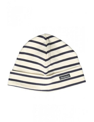 White and navy striped cotton beanie with visible label on folded brim