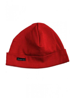 Red cotton beanie with fold-over cuff and small Armor Lux label on front