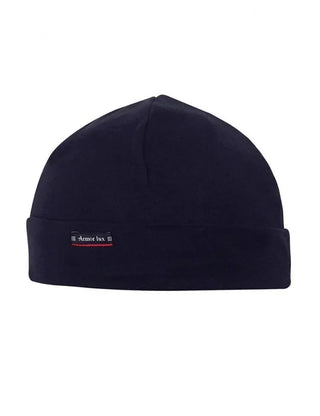Navy cotton beanie with folded cuff and small Armor Lux logo tag on front